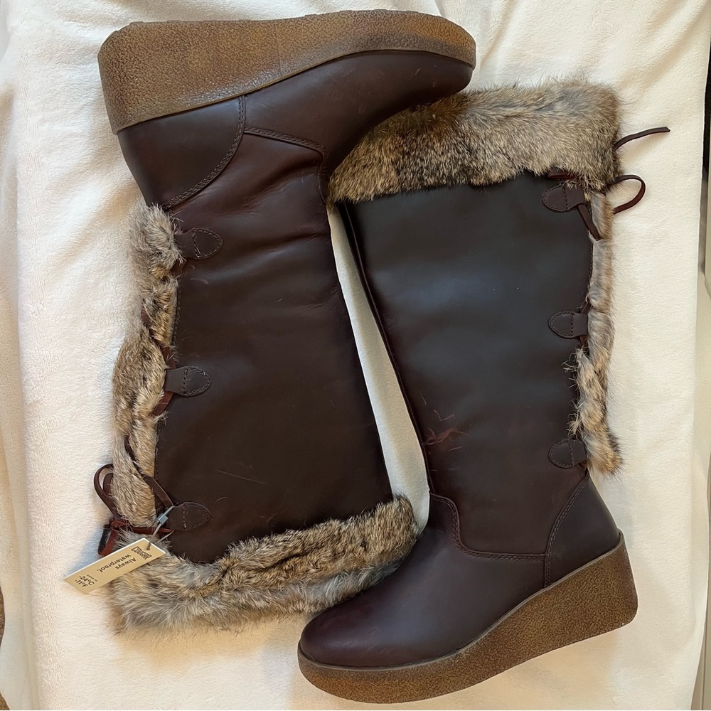Cougar Brown Rabbit Fur-Trimmed Knee-High Leather Laced Boots - Picture 11 of 14